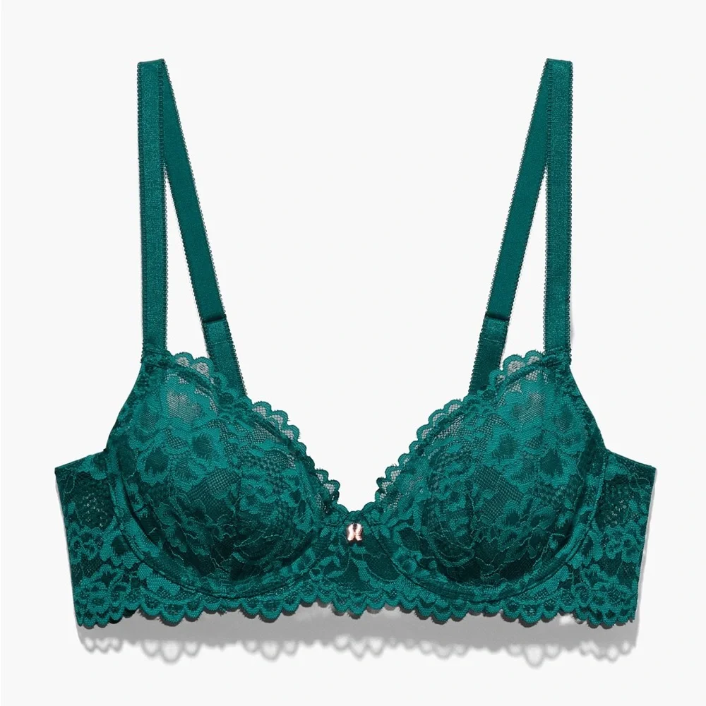Savage X Fenty Forest Green Sheer Floral Lace Unlined Underwire Plus Size Bra